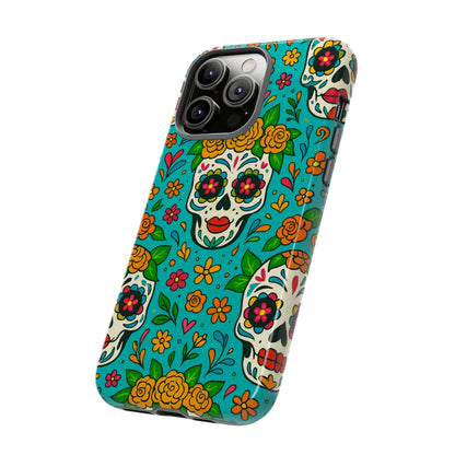 Teal Mexican Style Phone Cases With Floral Skulls - Dia De Los Muertos
