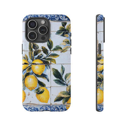 Phone Case, Coastal Tough Case With Lemons in Distressed Ceramic Tile Design, Protective Cover, Summer Accessory, Mediterranean Style iPhone
