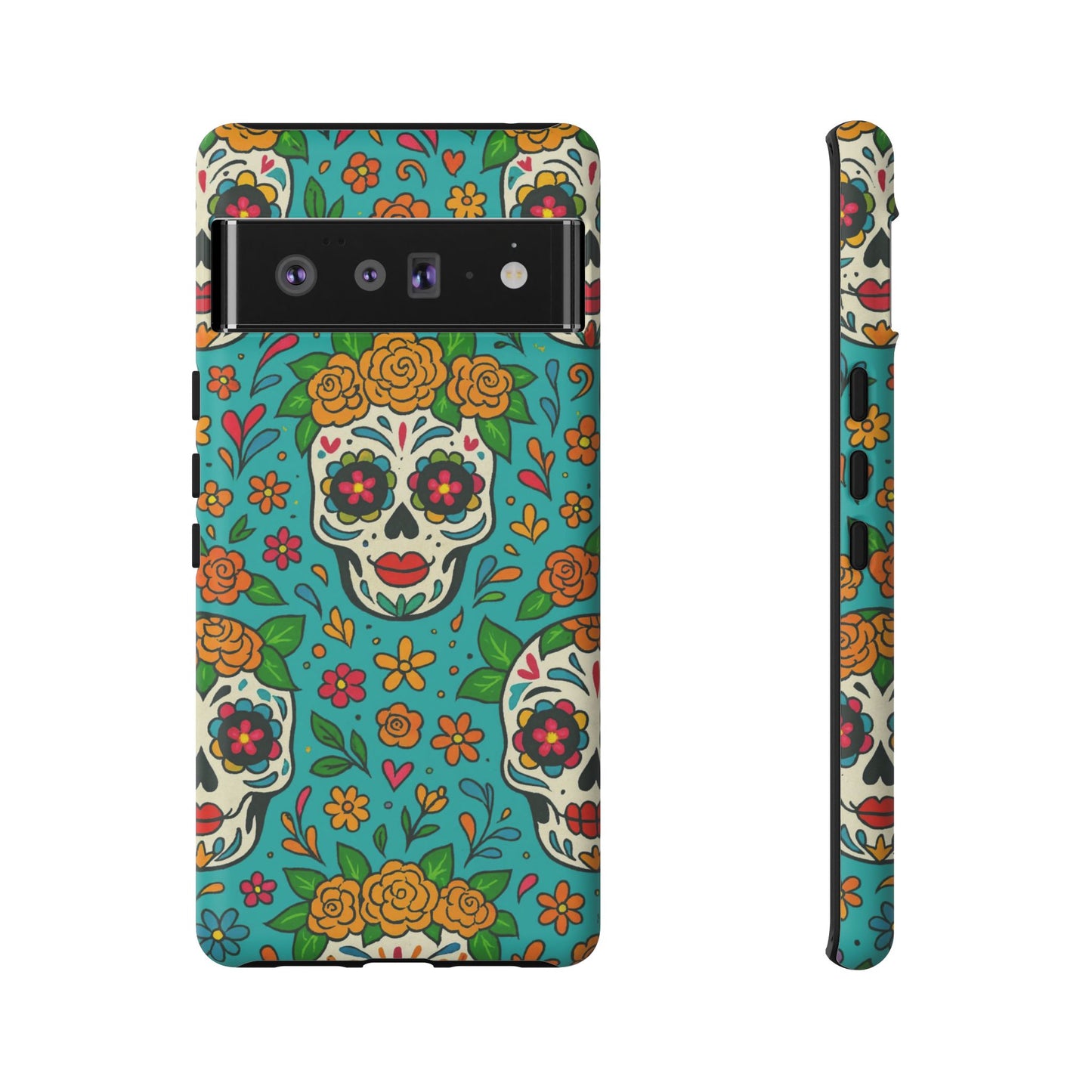 Teal Mexican Style Phone Cases With Floral Skulls - Dia De Los Muertos
