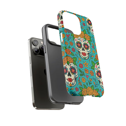 Teal Mexican Style Phone Cases With Floral Skulls - Dia De Los Muertos