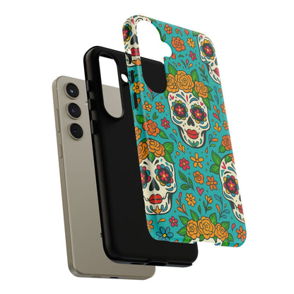 Teal Mexican Style Phone Cases With Floral Skulls - Dia De Los Muertos