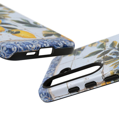 Phone Case, Coastal Tough Case With Lemons in Distressed Ceramic Tile Design, Protective Cover, Summer Accessory, Mediterranean Style iPhone