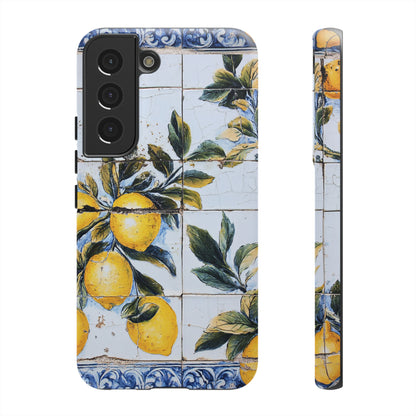 Phone Case, Coastal Tough Case With Lemons in Distressed Ceramic Tile Design, Protective Cover, Summer Accessory, Mediterranean Style iPhone