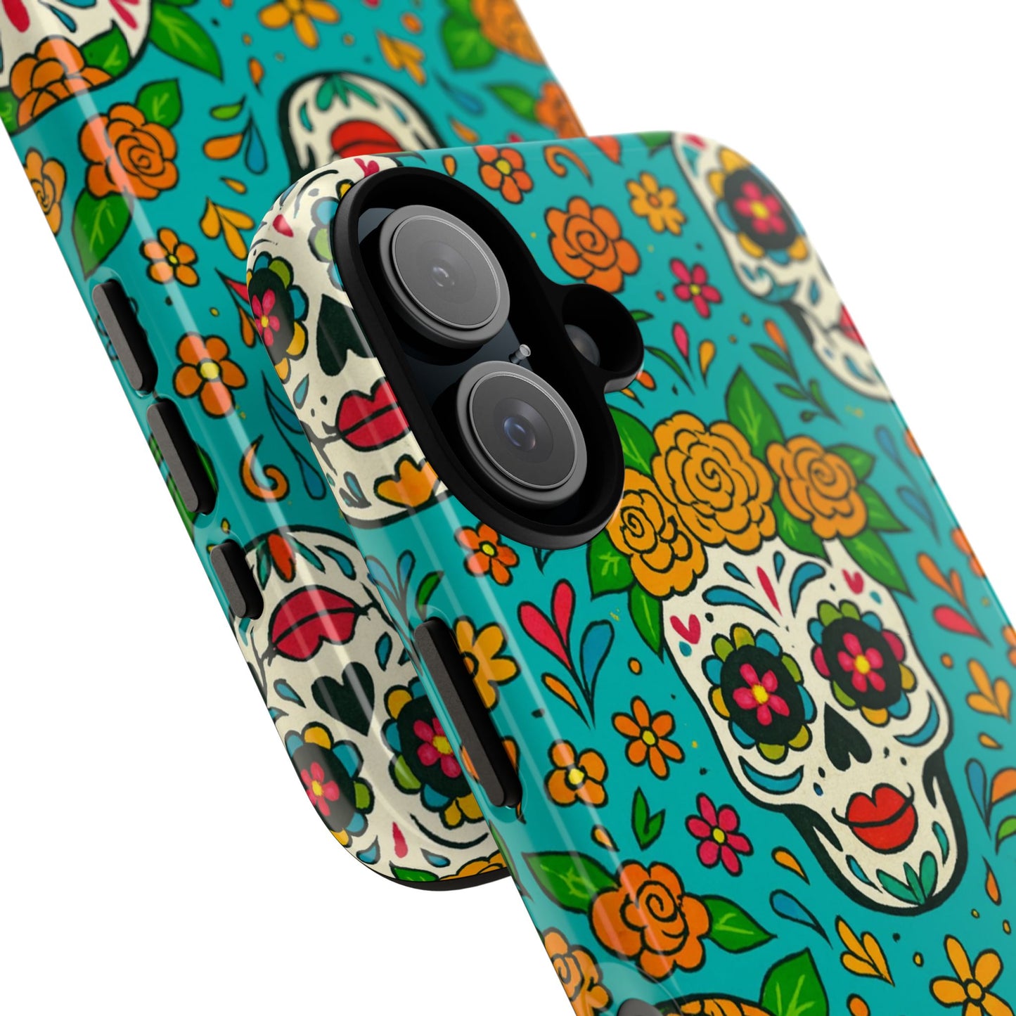 Teal Mexican Style Phone Cases With Floral Skulls - Dia De Los Muertos