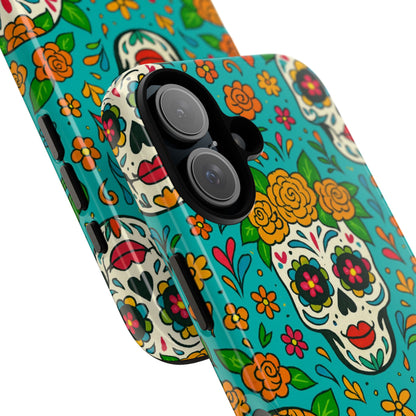 Teal Mexican Style Phone Cases With Floral Skulls - Dia De Los Muertos