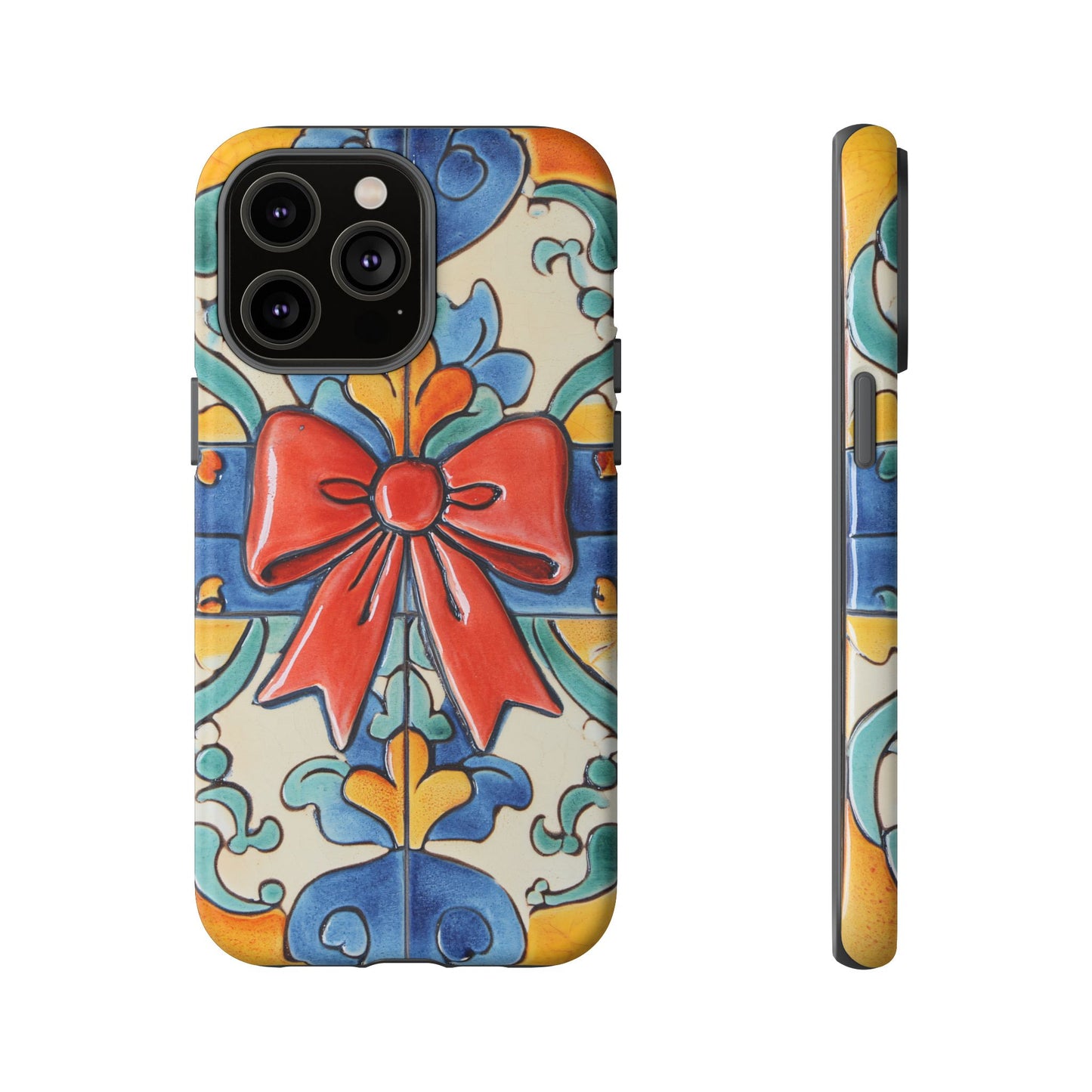 Colourful Ceramic Tile Design Phone Case With Red Bow