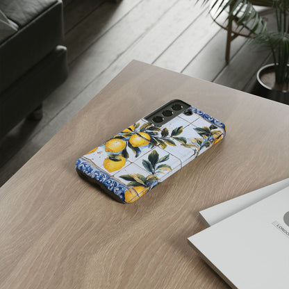 Phone Case, Coastal Tough Case With Lemons in Distressed Ceramic Tile Design, Protective Cover, Summer Accessory, Mediterranean Style iPhone