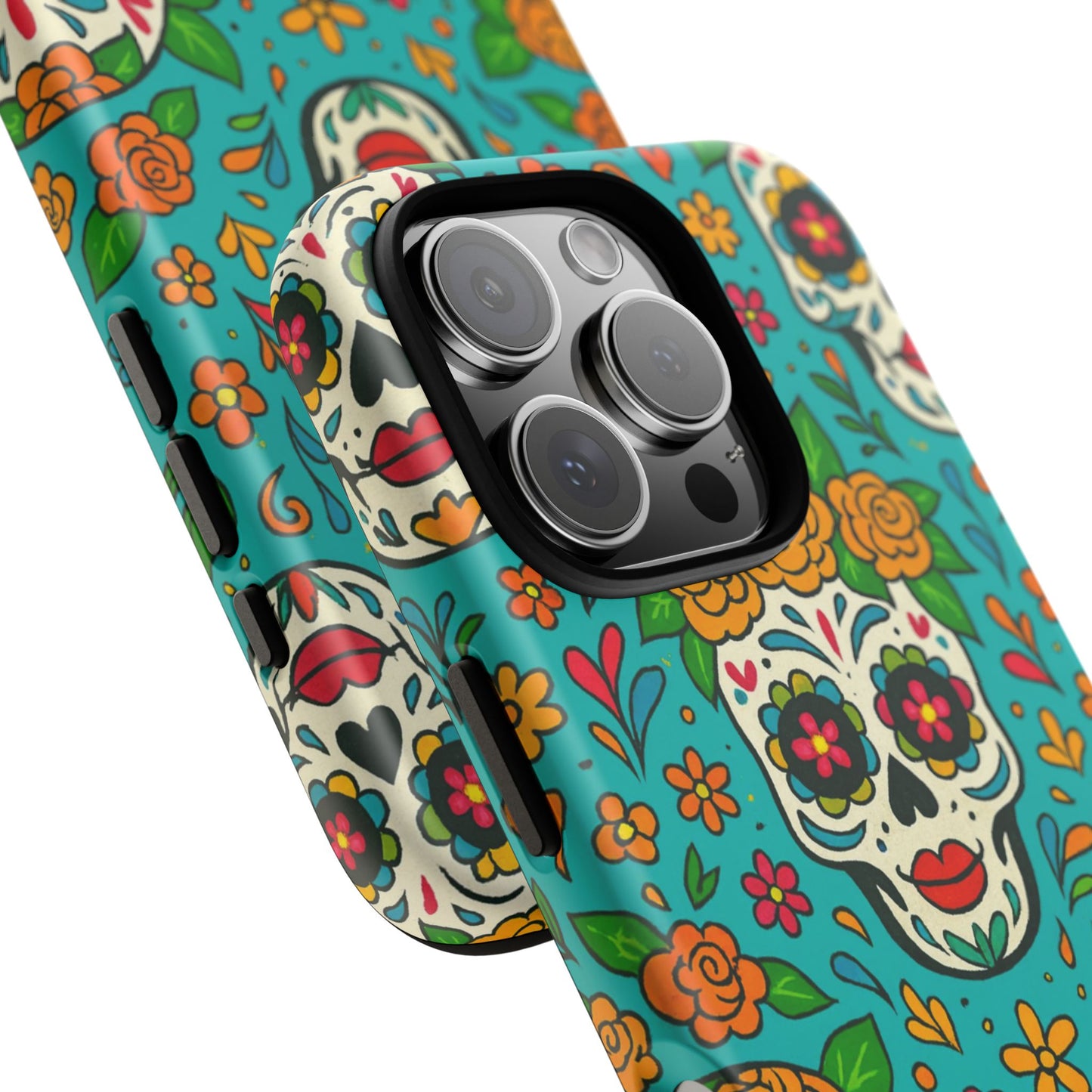 Teal Mexican Style Phone Cases With Floral Skulls - Dia De Los Muertos