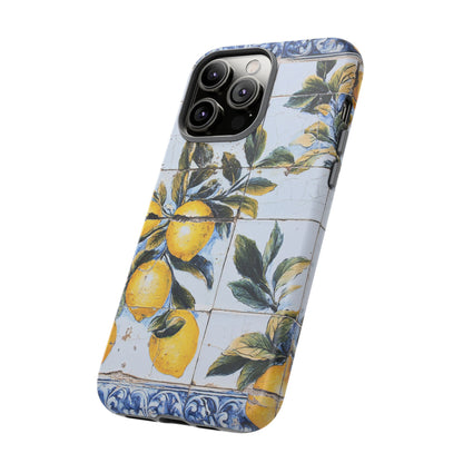 Phone Case, Coastal Tough Case With Lemons in Distressed Ceramic Tile Design, Protective Cover, Summer Accessory, Mediterranean Style iPhone