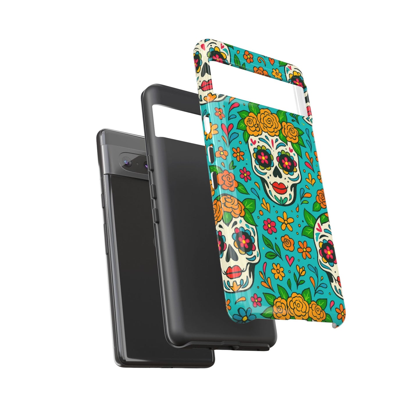 Teal Mexican Style Phone Cases With Floral Skulls - Dia De Los Muertos