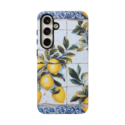 Phone Case, Coastal Tough Case With Lemons in Distressed Ceramic Tile Design, Protective Cover, Summer Accessory, Mediterranean Style iPhone
