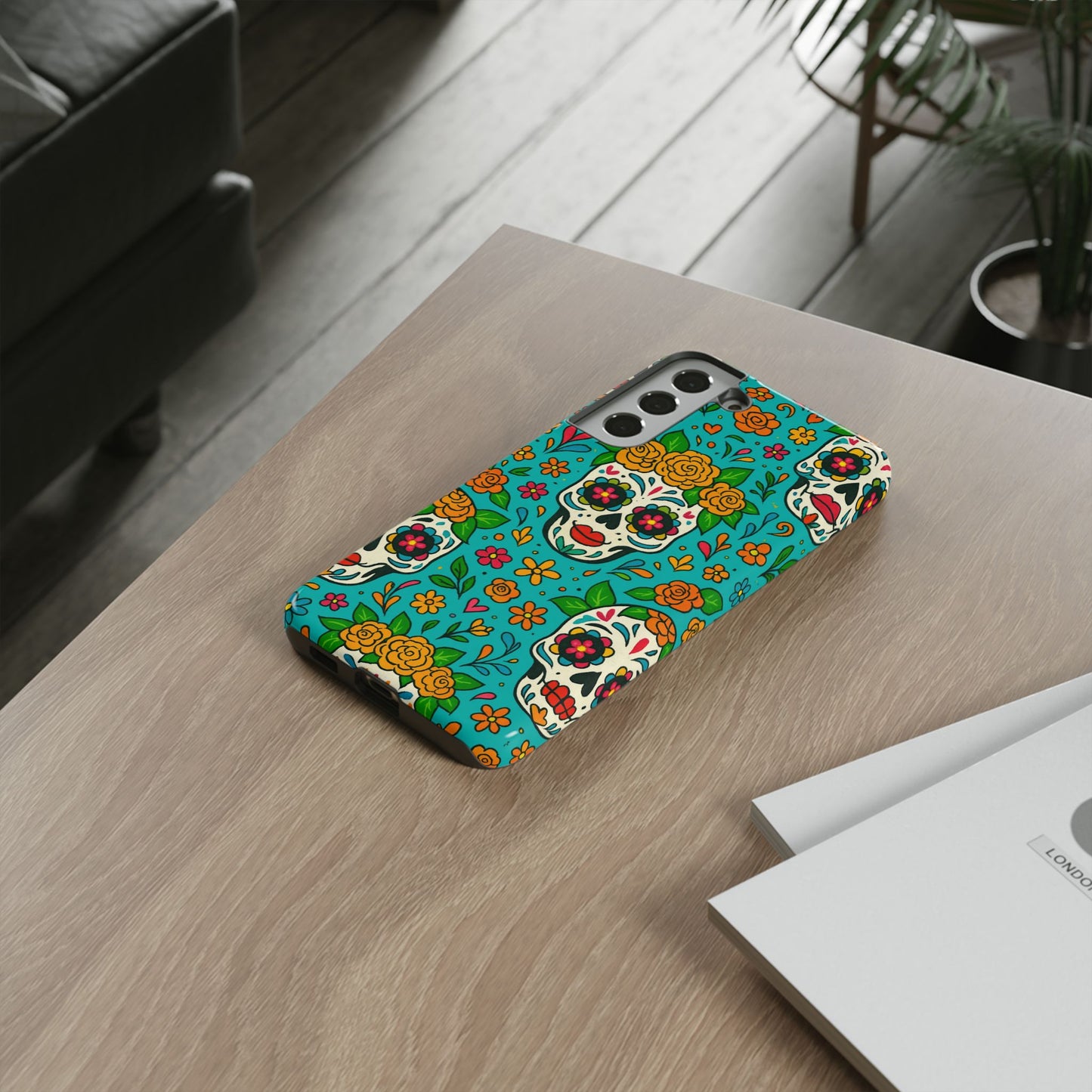 Teal Mexican Style Phone Cases With Floral Skulls - Dia De Los Muertos