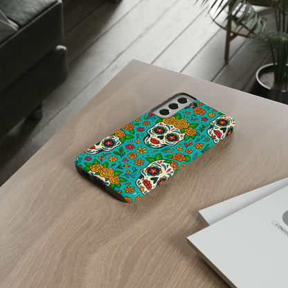 Teal Mexican Style Phone Cases With Floral Skulls - Dia De Los Muertos