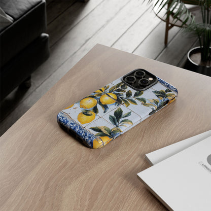 Phone Case, Coastal Tough Case With Lemons in Distressed Ceramic Tile Design, Protective Cover, Summer Accessory, Mediterranean Style iPhone