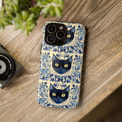 Tough Phone Case - Mediterranean Tile Motif With Blue Cats