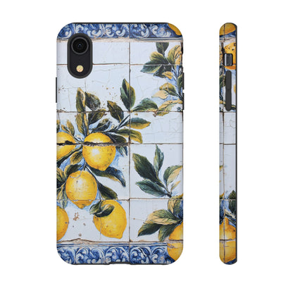Phone Case, Coastal Tough Case With Lemons in Distressed Ceramic Tile Design, Protective Cover, Summer Accessory, Mediterranean Style iPhone