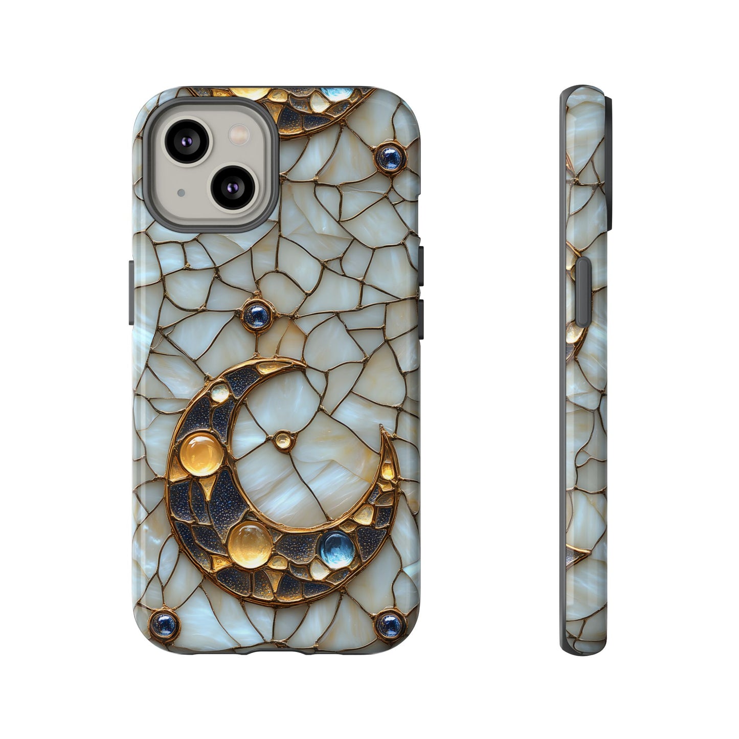 Celestial Phone Case - White Stained Glass & Gold Crescent Moon Print