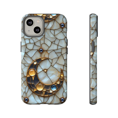 Celestial Phone Case - White Stained Glass & Gold Crescent Moon Print