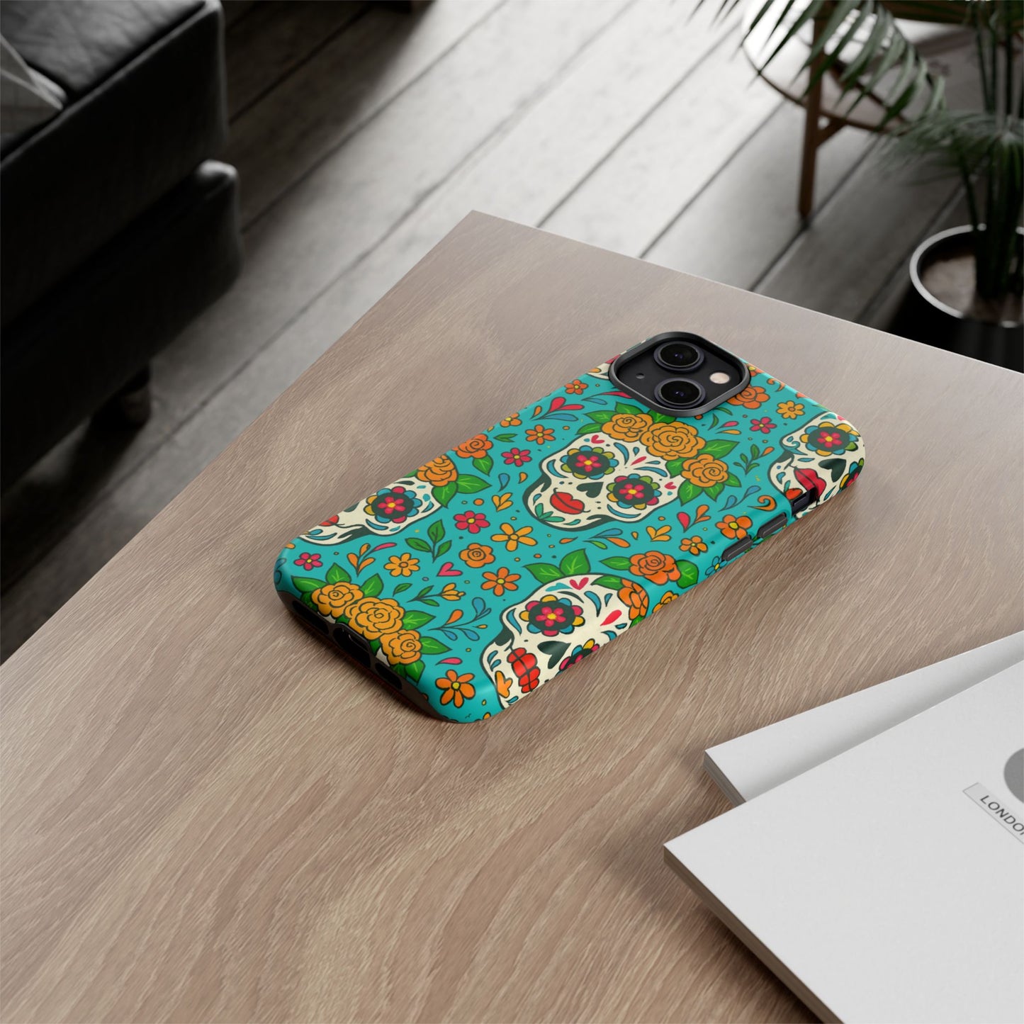 Teal Mexican Style Phone Cases With Floral Skulls - Dia De Los Muertos