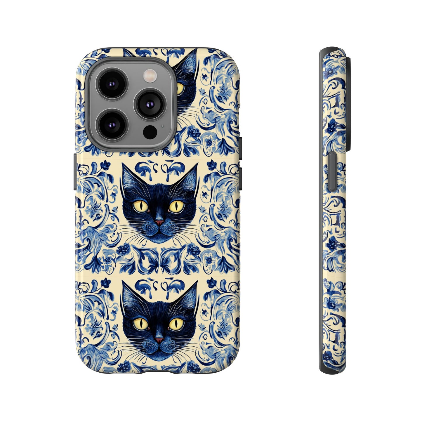 Tough Phone Case - Mediterranean Tile Motif With Blue Cats