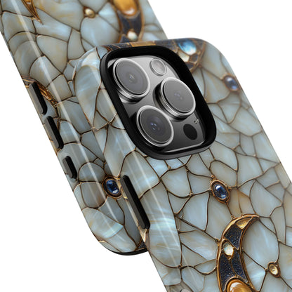 Celestial Phone Case - White Stained Glass & Gold Crescent Moon Print