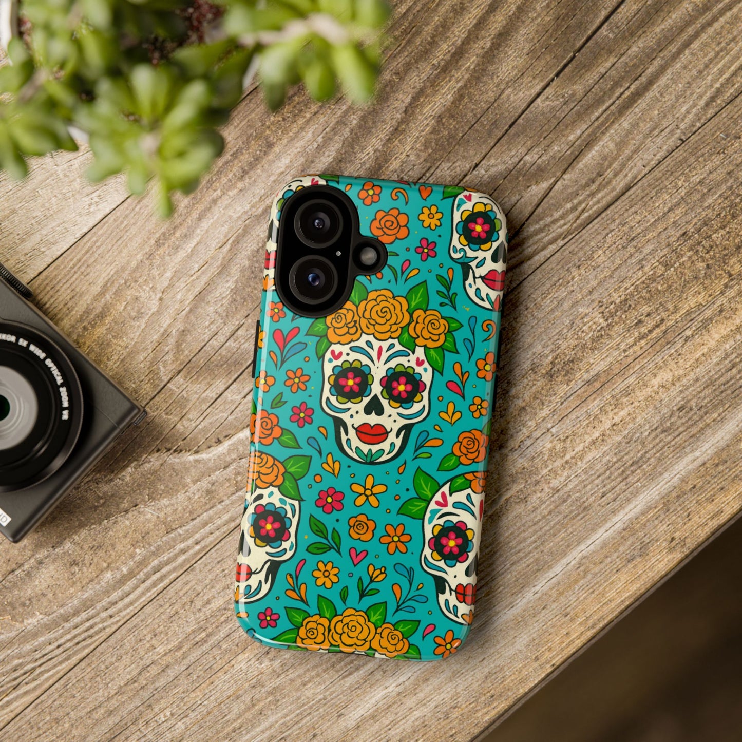 Teal Mexican Style Phone Cases With Floral Skulls - Dia De Los Muertos