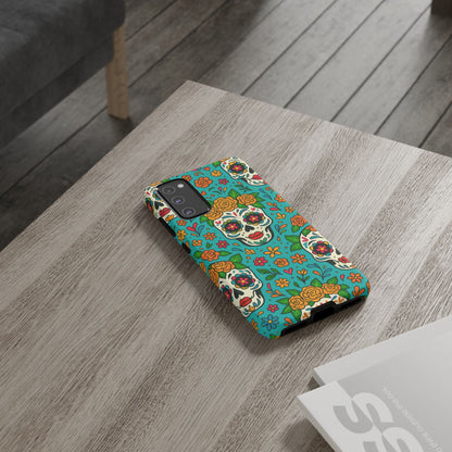 Teal Mexican Style Phone Cases With Floral Skulls - Dia De Los Muertos