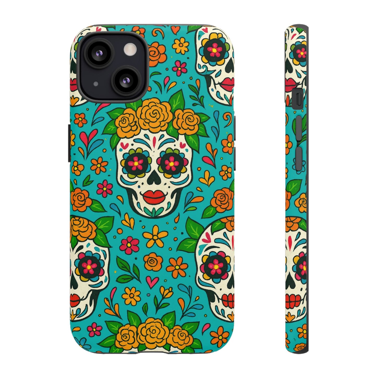 Teal Mexican Style Phone Cases With Floral Skulls - Dia De Los Muertos