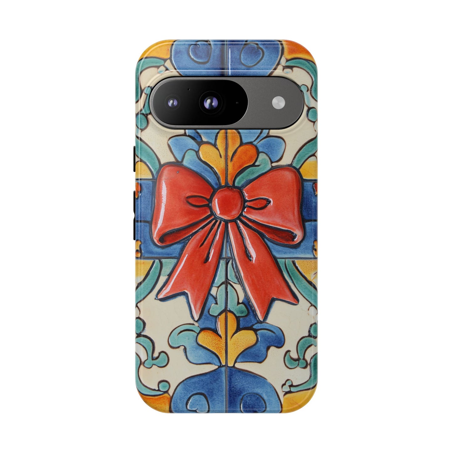 Colourful Ceramic Tile Design Phone Case With Red Bow
