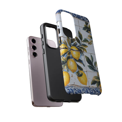 Phone Case, Coastal Tough Case With Lemons in Distressed Ceramic Tile Design, Protective Cover, Summer Accessory, Mediterranean Style iPhone
