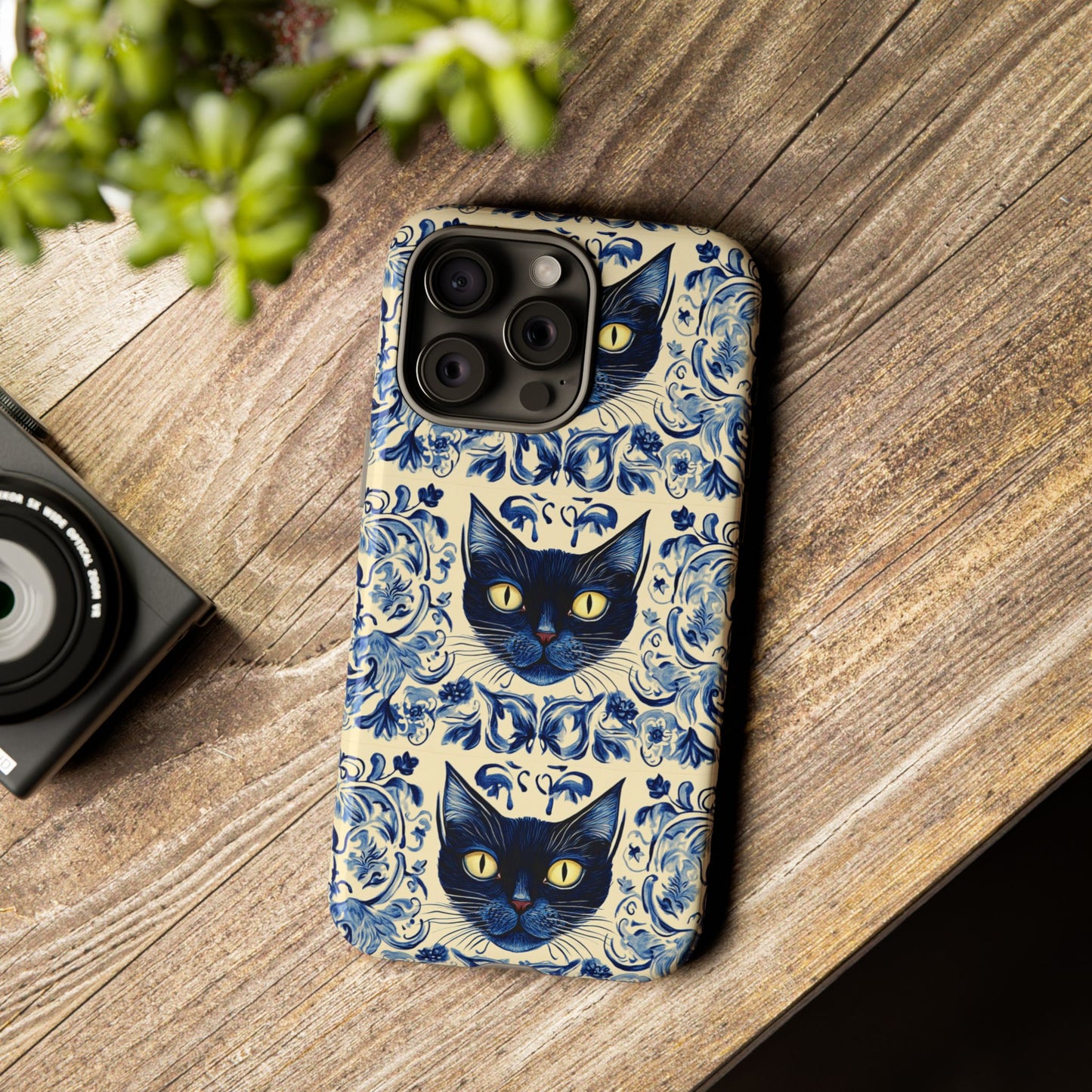 Tough Phone Case - Mediterranean Tile Motif With Blue Cats