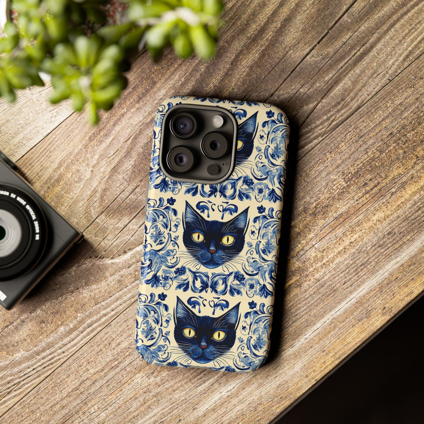Tough Phone Case - Mediterranean Tile Motif With Blue Cats