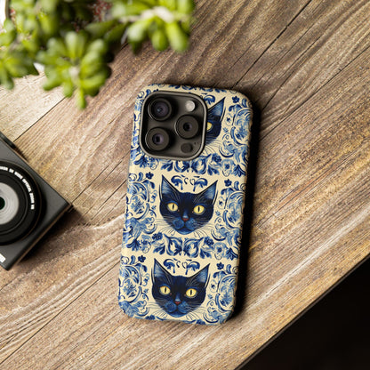 Tough Phone Case - Mediterranean Tile Motif With Blue Cats