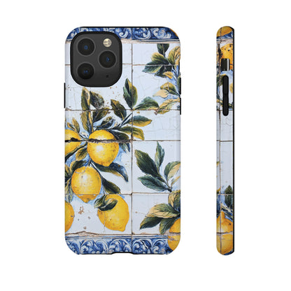 Phone Case, Coastal Tough Case With Lemons in Distressed Ceramic Tile Design, Protective Cover, Summer Accessory, Mediterranean Style iPhone