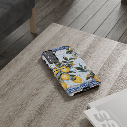 Phone Case, Coastal Tough Case With Lemons in Distressed Ceramic Tile Design, Protective Cover, Summer Accessory, Mediterranean Style iPhone