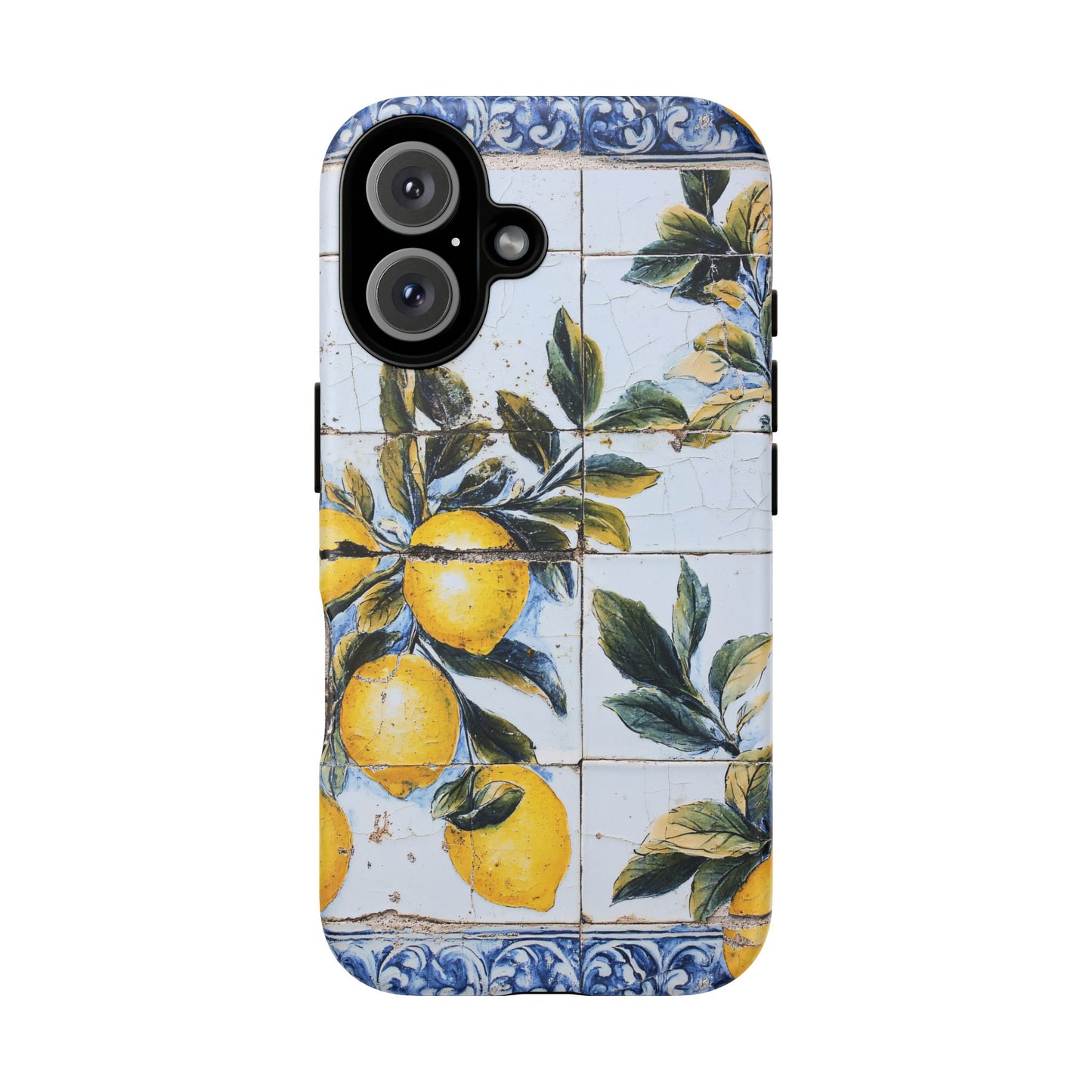 Phone Case, Coastal Tough Case With Lemons in Distressed Ceramic Tile Design, Protective Cover, Summer Accessory, Mediterranean Style iPhone