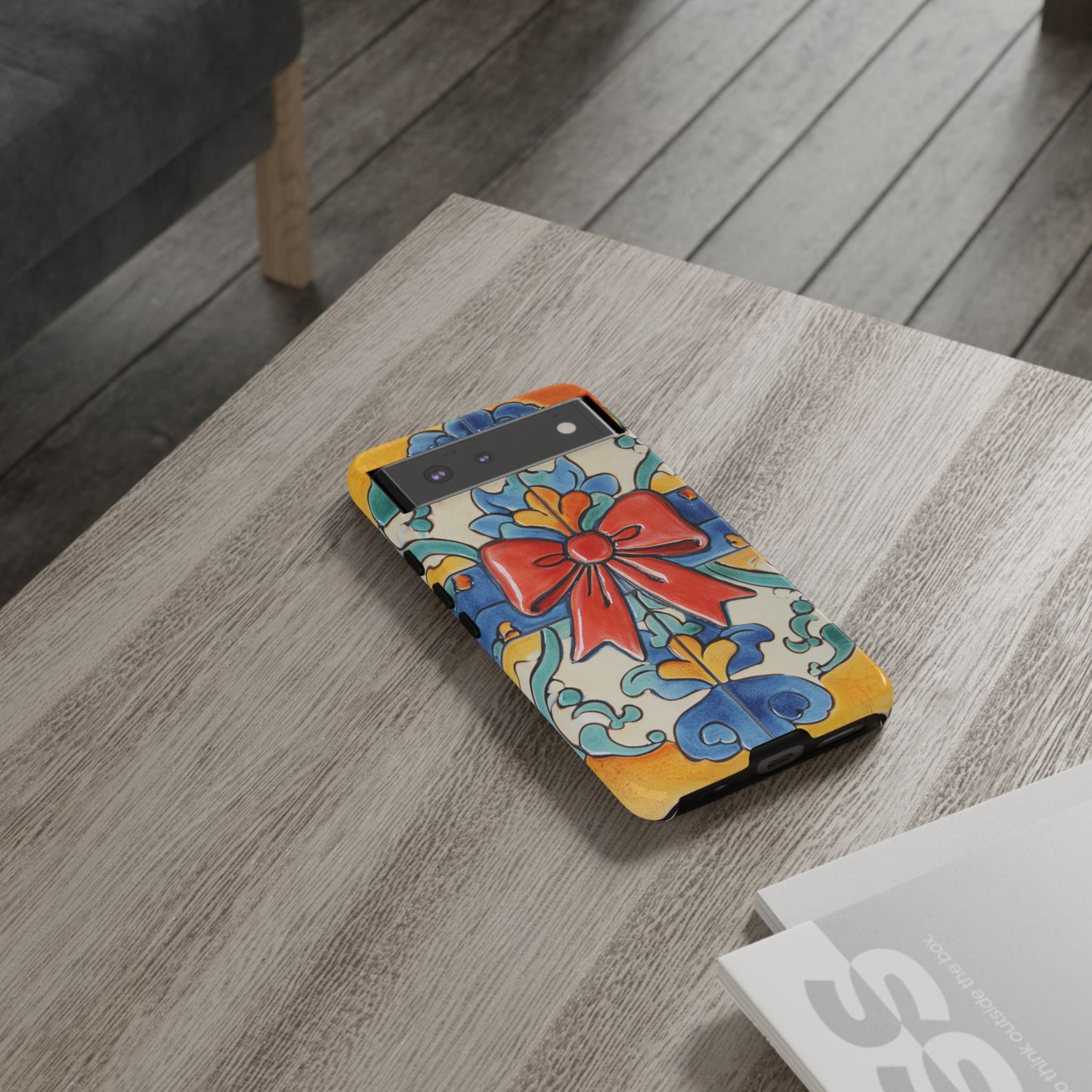 Colourful Ceramic Tile Design Phone Case With Red Bow