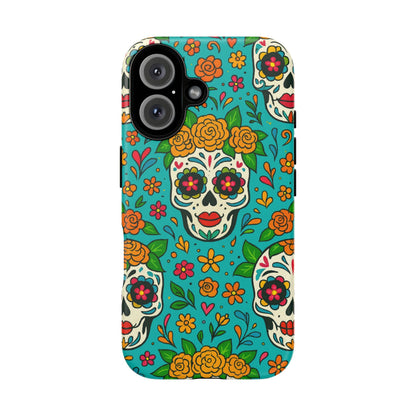 Teal Mexican Style Phone Cases With Floral Skulls - Dia De Los Muertos