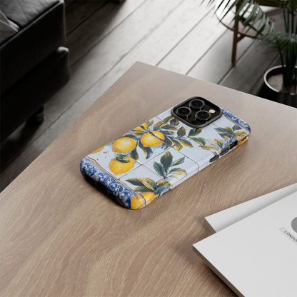 Phone Case, Coastal Tough Case With Lemons in Distressed Ceramic Tile Design, Protective Cover, Summer Accessory, Mediterranean Style iPhone