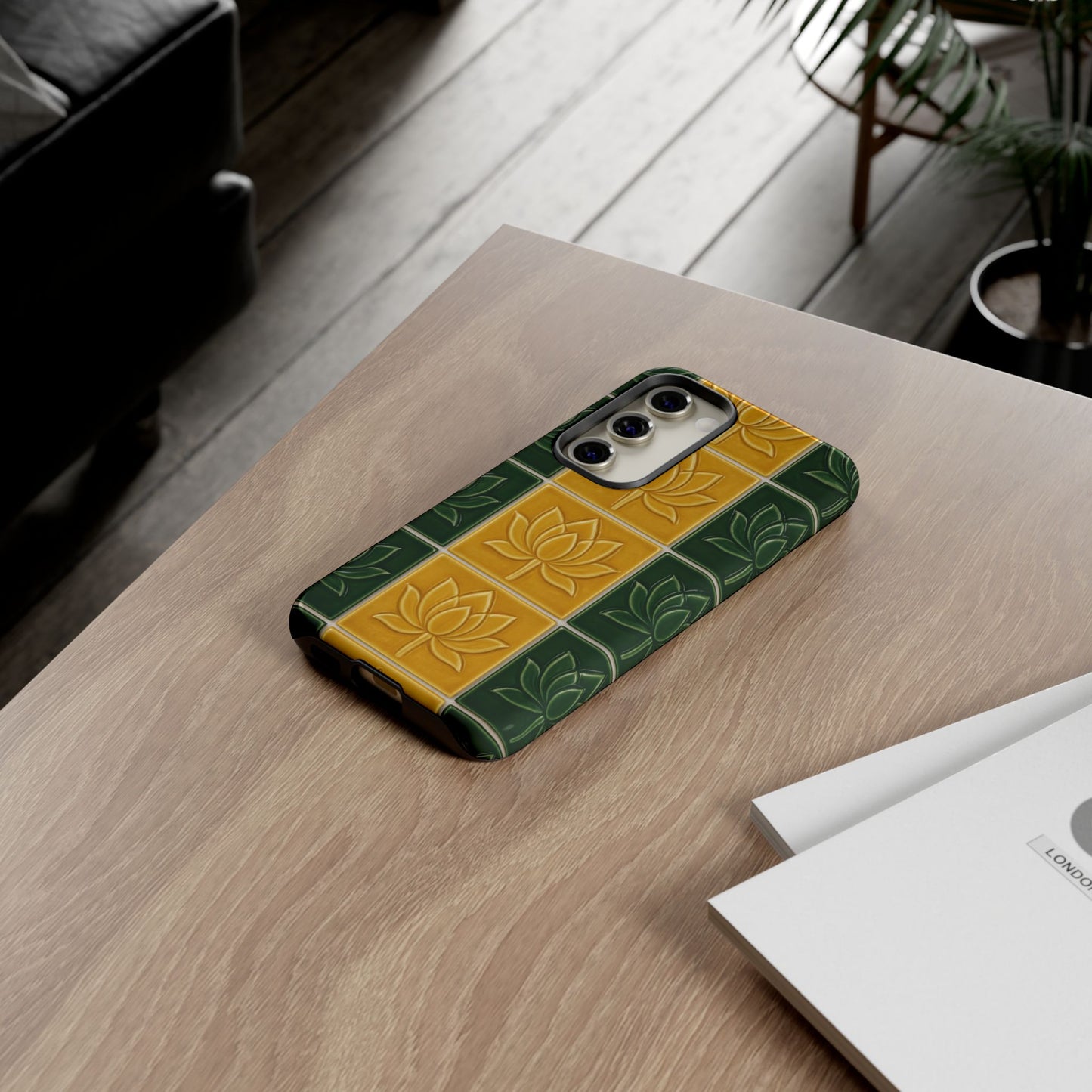 Tough Phone Cases - Mustard Yellow & Green Ceramic Tile From Caldas Da Rhaina, Portugal