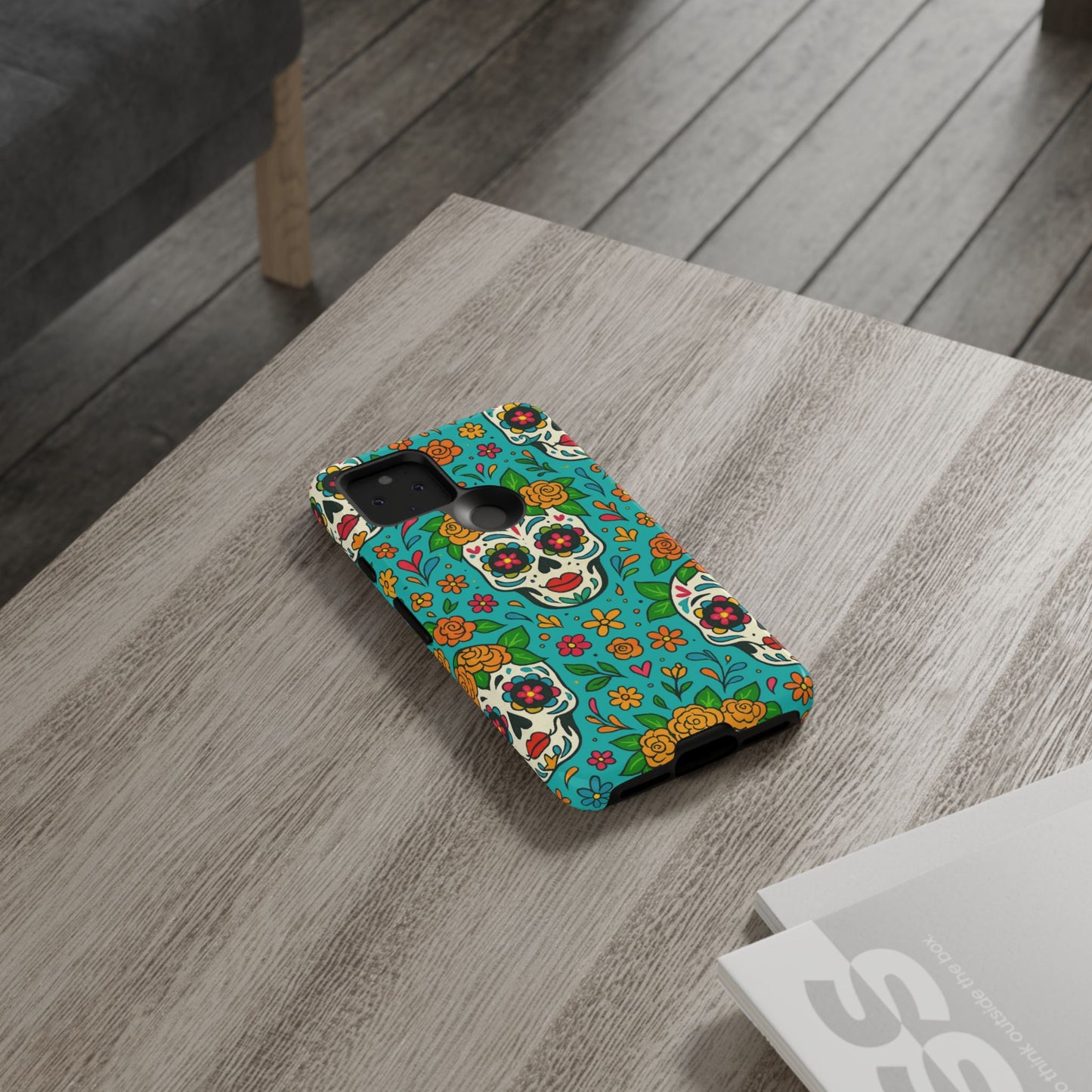 Teal Mexican Style Phone Cases With Floral Skulls - Dia De Los Muertos