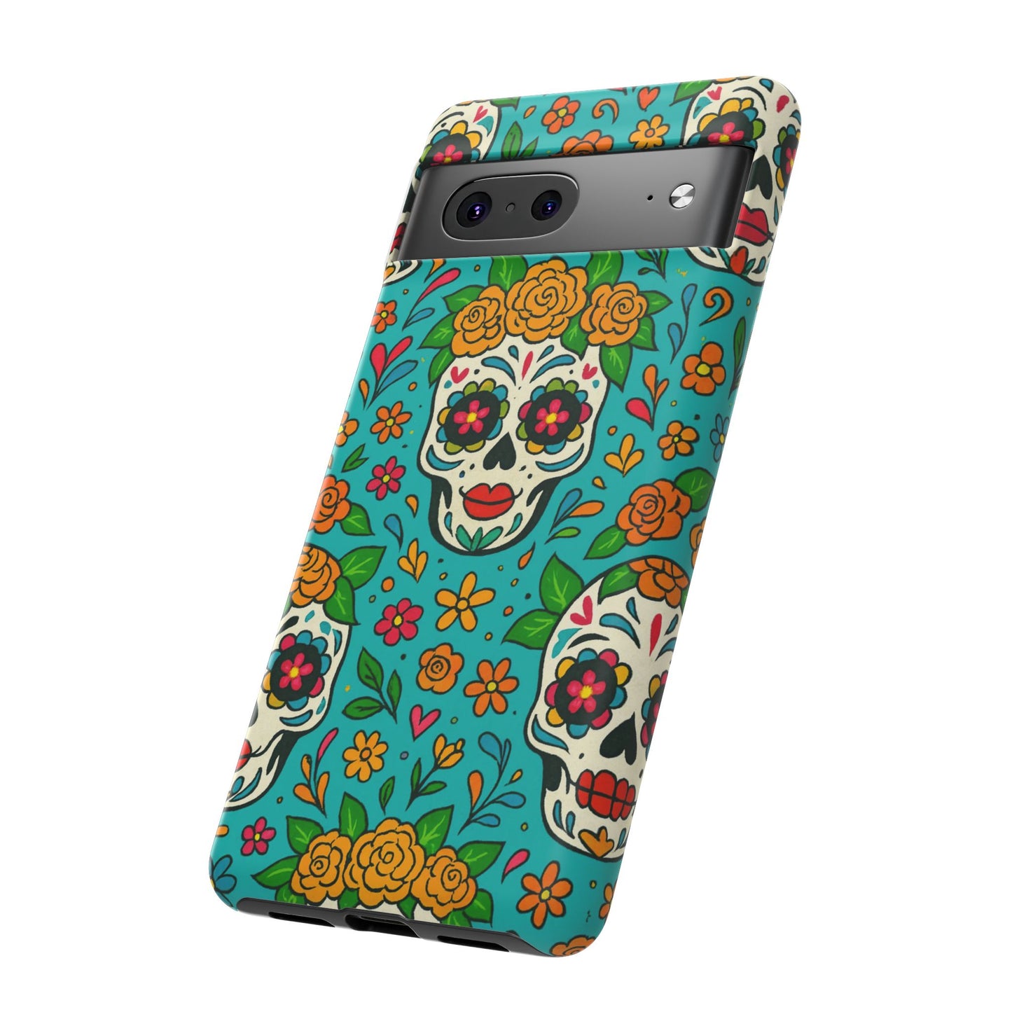 Teal Mexican Style Phone Cases With Floral Skulls - Dia De Los Muertos