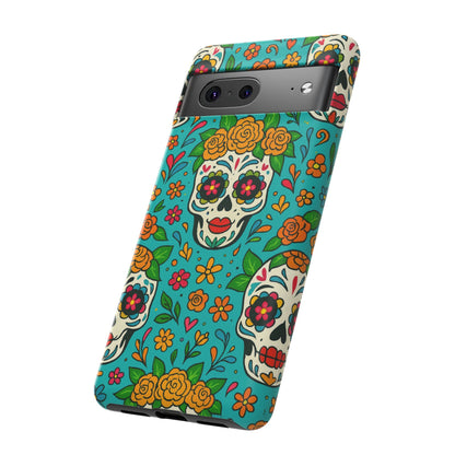 Teal Mexican Style Phone Cases With Floral Skulls - Dia De Los Muertos