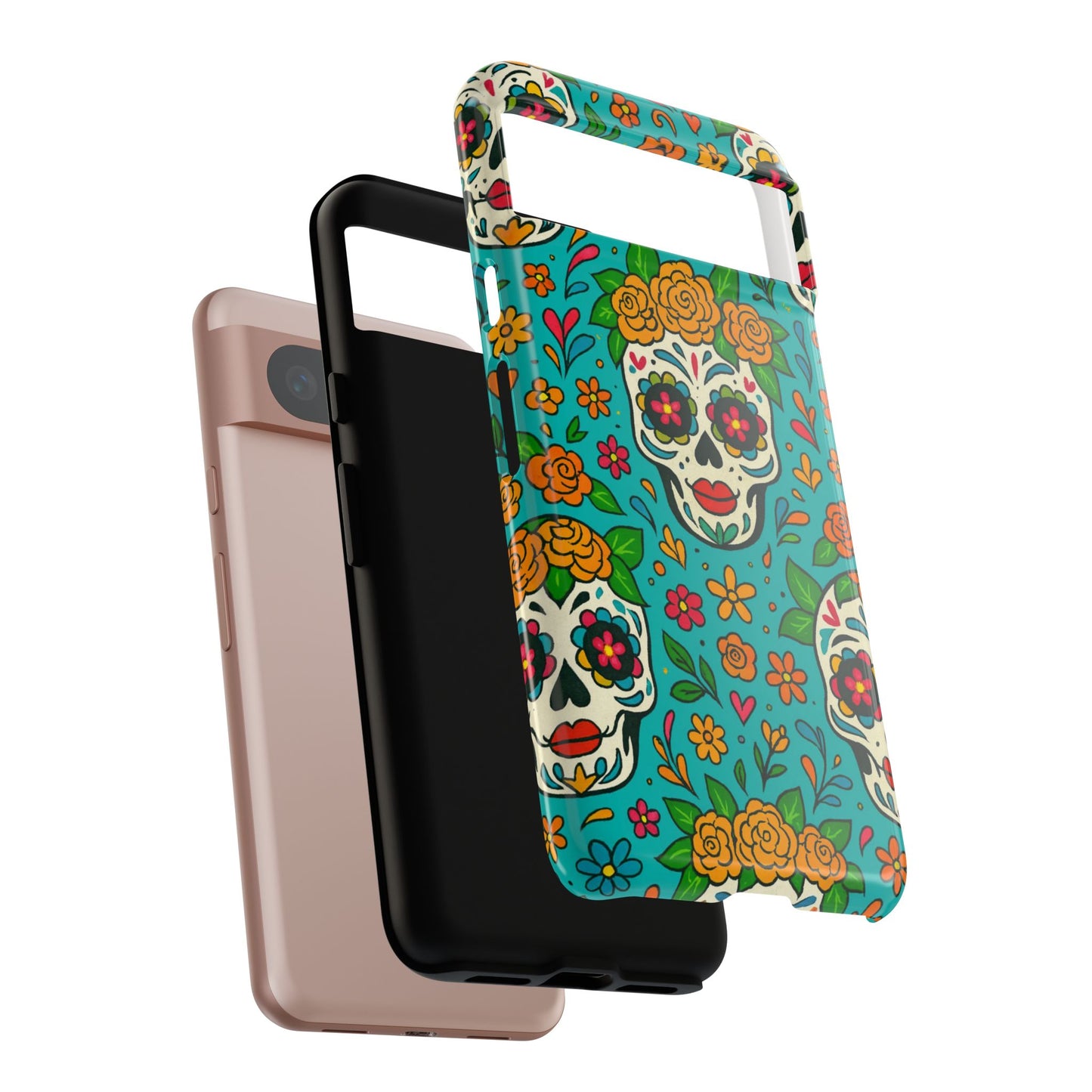 Teal Mexican Style Phone Cases With Floral Skulls - Dia De Los Muertos