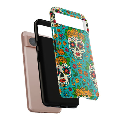 Teal Mexican Style Phone Cases With Floral Skulls - Dia De Los Muertos