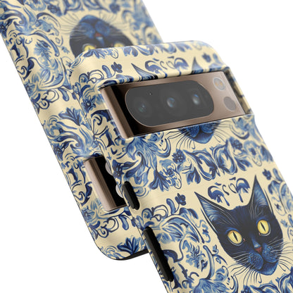 Tough Phone Case - Mediterranean Tile Motif With Blue Cats