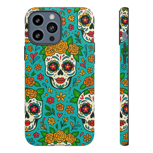 Teal Mexican Style Phone Cases With Floral Skulls - Dia De Los Muertos