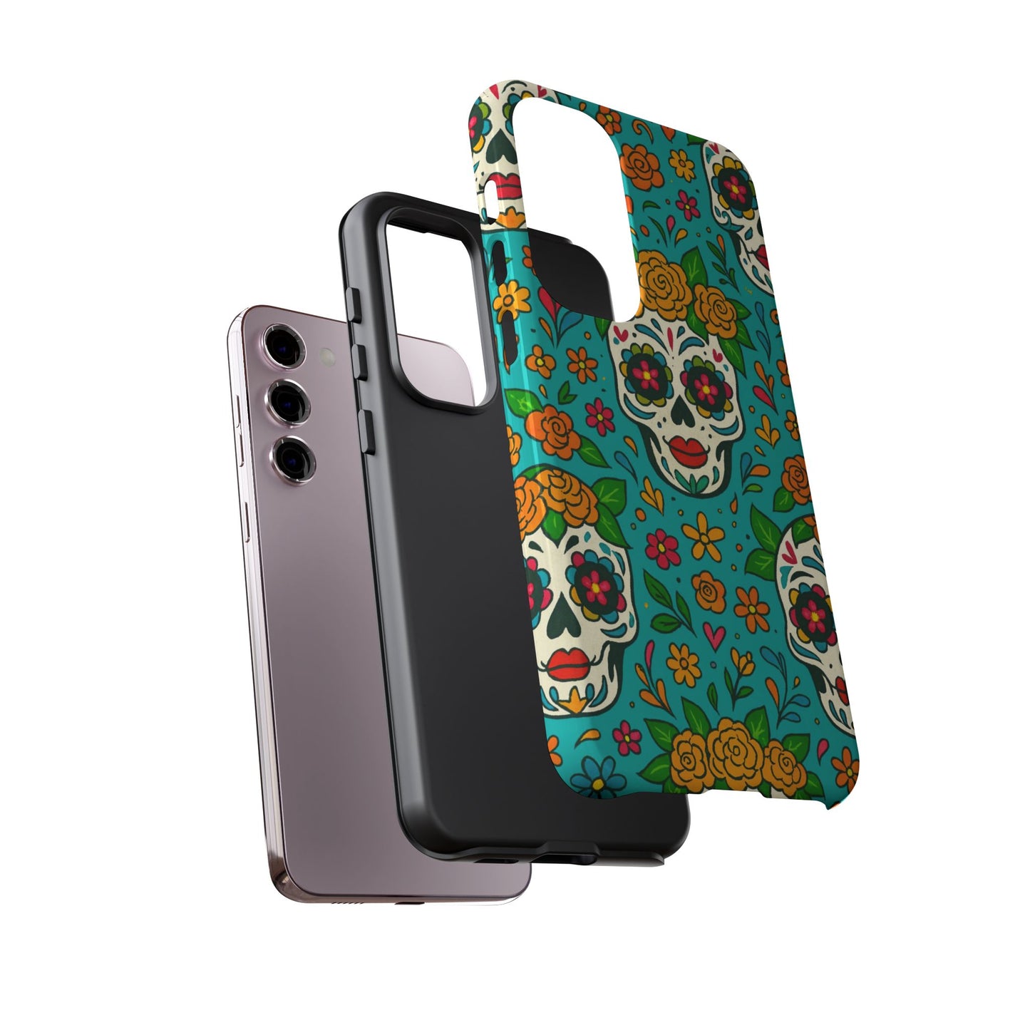 Teal Mexican Style Phone Cases With Floral Skulls - Dia De Los Muertos
