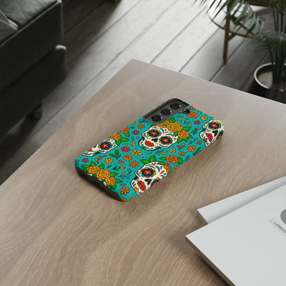 Teal Mexican Style Phone Cases With Floral Skulls - Dia De Los Muertos