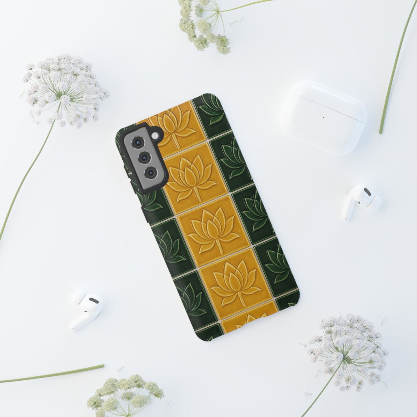 Tough Phone Cases - Mustard Yellow & Green Ceramic Tile From Caldas Da Rhaina, Portugal